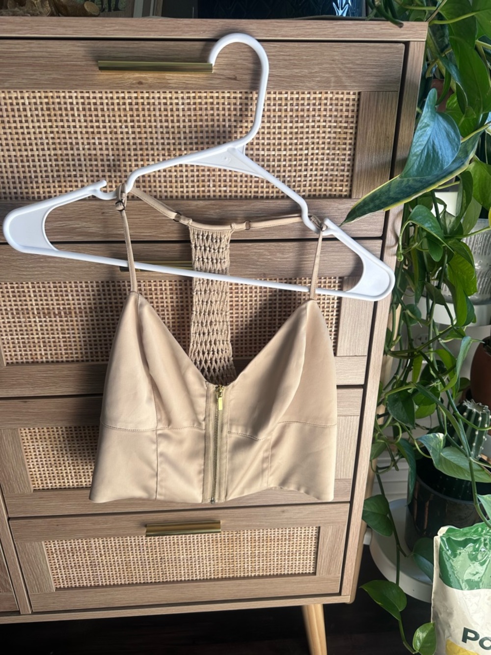 bebe Beige Cropped Zip Front Bralette Top